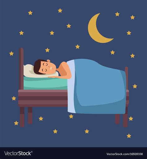 Colorful Scene Night With Guy Sleep In Bed Vector Image