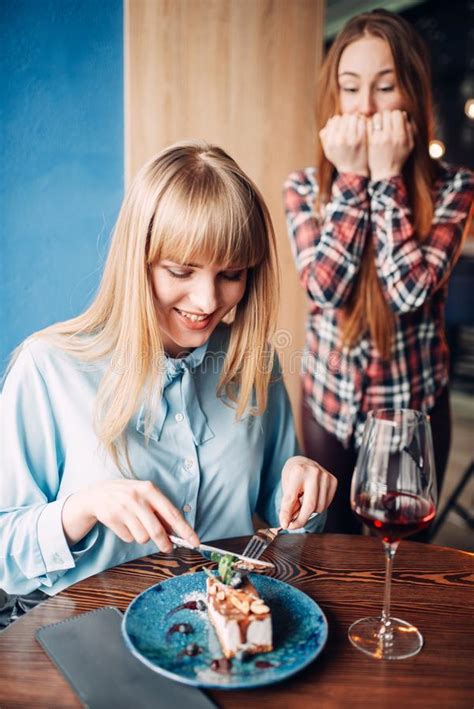 Young Woman Eats Dessert In Restaurant Stock Image - Image of meet ...