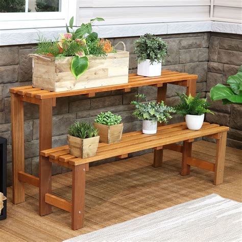 Sunnydaze Tier Meranti Wood Outdoor Plant Stand With Teak Oil Finish
