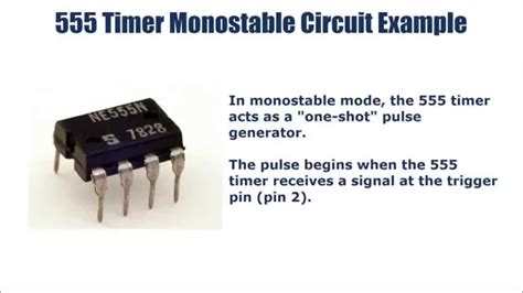 The 555 timer is the one of the most versatile linear hybrid integrated circuit (ic) which is used in variety of pulse generation, timer and it is widely used in electronics circuits as it is very simple and cheap method to produce accurate and highly stable time delays. 555 timer monostable circuit example - YouTube