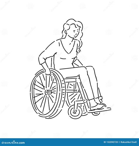 Young Disabled Woman In Wheelchair Vector Line Art Black White Sketch