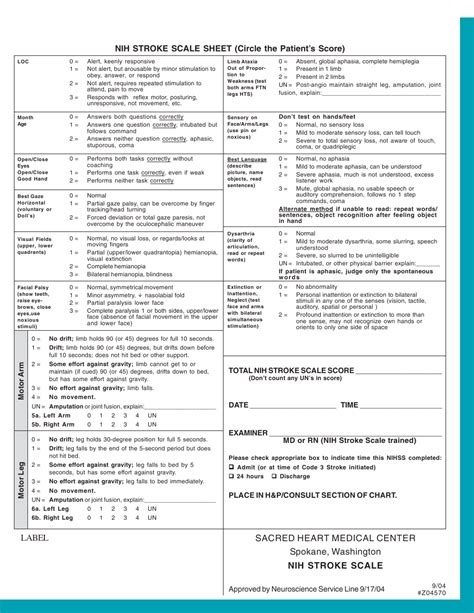 Nih Stroke Scale Sheet Sacred Heart Medical Center