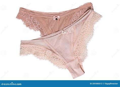 Underwear Woman Isolated Close Up Of Two Luxurious Elegant Beige Lacy Thongs Panties Isolated