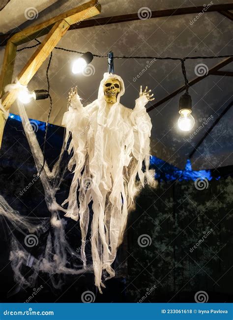 A Skeleton In A Shroud And Cobwebs Hangs Stock Photo Image Of Dead