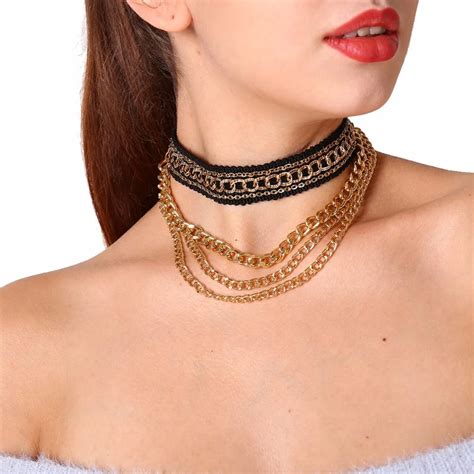 fashion 4 layers chokers necklace multilayer gold color choker necklace with black lace neck