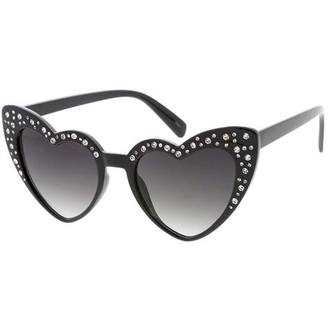 Oversize Rhinestone Heart Sunglasses High Sitting Arms Gradient Lens 51mm Black Lavender