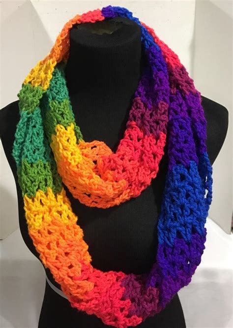 Crochet Infinity Scarf Bright Rainbow Stripe
