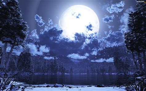 Clouds Moon Lake Forest Winter For Desktop Wallpapers 2560x1600
