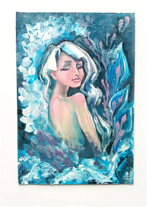 Original Painting Blue Grey Water Sea Girl Blond Woman Acrylic Etsy