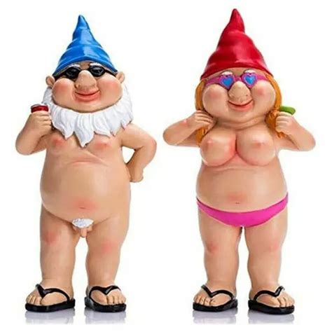 Pair Nude Statuary Garden Gnomes Naughty Naked Funny Statue Decor