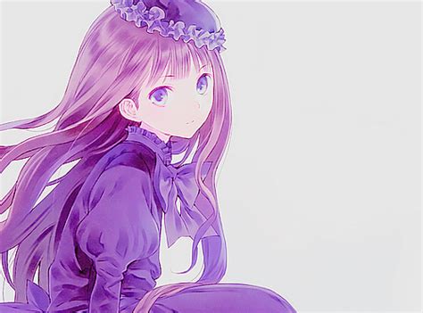 Purple Hair Purple Eyes Brown Hair Hat Purple Dress Anime