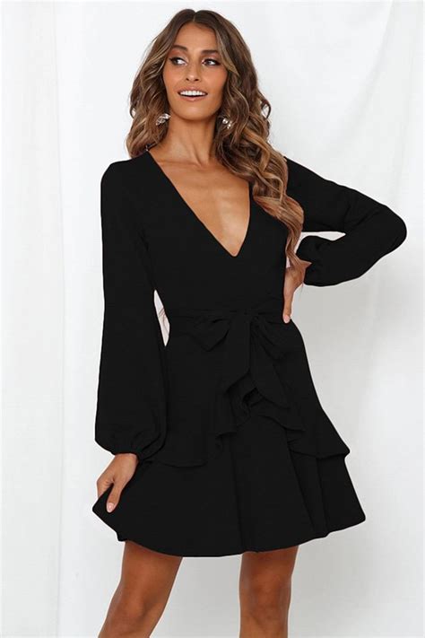 Ruffle Wrap Dress With Long Sleeve And V Neck Design