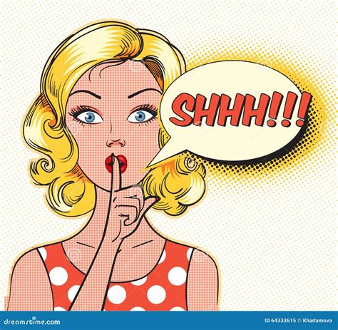 shhh bubble pop art woman face with finger on lips silence gesture royalty free cartoon