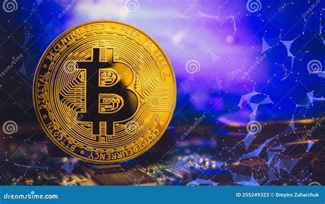 Cryptocurrency Concept Golden Bitcoin On Mainboard The Future Of