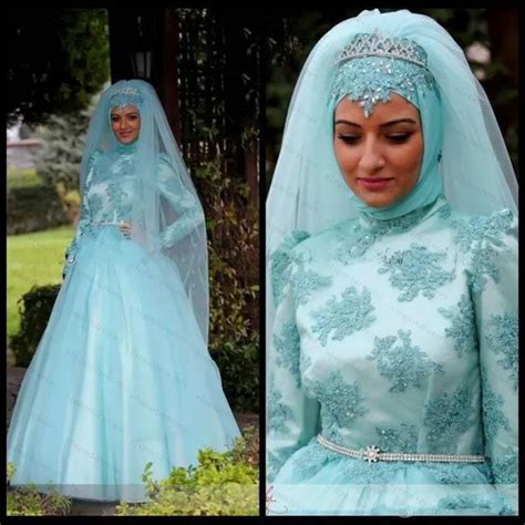 fashion high collar lace muslim wedding dress 2015 a line blue arabic wedding gown bride dresses