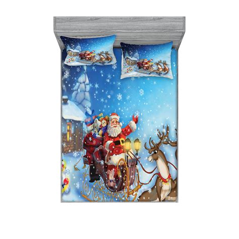 Christmas Fitted Sheet And Pillow Sham Set Santa In Sleigh Reindeer And