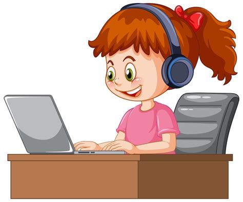 Premium Vector A Girl Using Laptop Cartoon