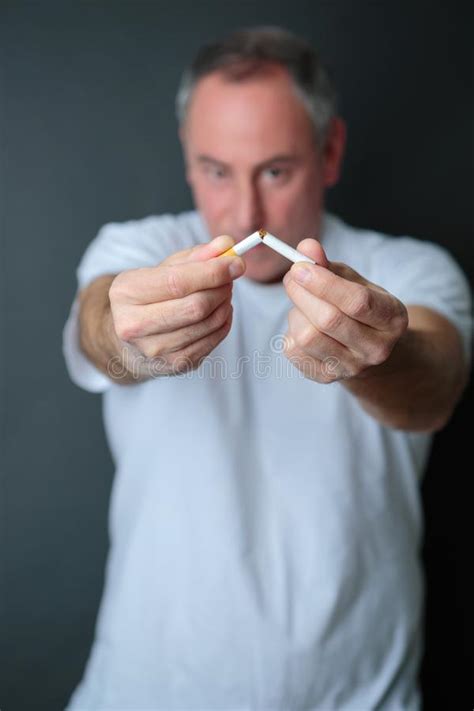 Man Breaking Cigarette As Gesture Quitting Smoking Stock Image Image