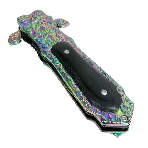 Iridescent Rainbow Medieval Spring Assist Pocket Knife Wood