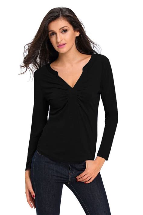 Black V Neck Ladies Long Sleeve T Shirts Online Store For Women Sexy Dresses