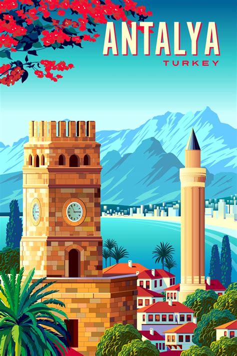 Turkey Poster Retro Travel Poster Antalya Travel Illustration