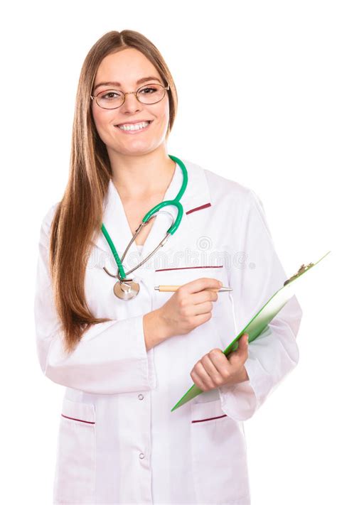 Woman In Lab Coat Stethoscope And Clipboard Stock Photo Image Of