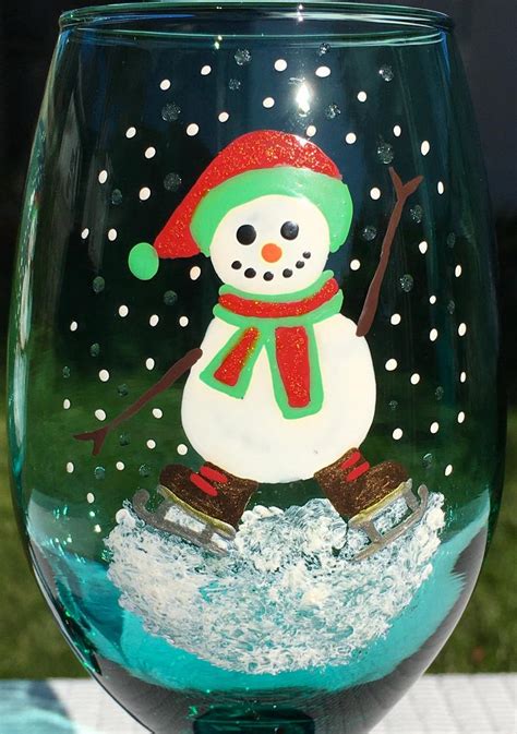 Christmas Wine Glasses Hand Painted Snowman On Skates Set Of Etsy