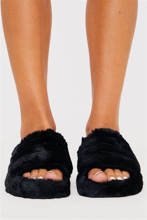 Black Faux Fur Fluffy Slider Slippers With Strap Back In The Style