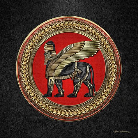 Assyrian Winged Lion Gold And Black Lamassu On Red And Gold Medallion