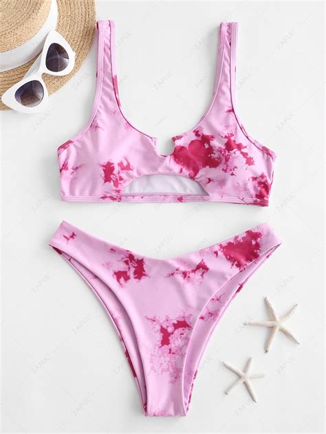 45 Off 2020 Zaful V Notch Cutout Tie Dye Bikini Swimsuit In Hot Pink