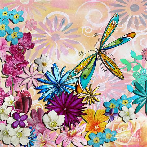 Whimsical Floral Flowers Dragonfly Art Colorful Uplifting Painting By