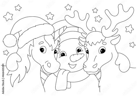 Unicorn Deer And Snowman For Christmas Coloring Book Page For Kids