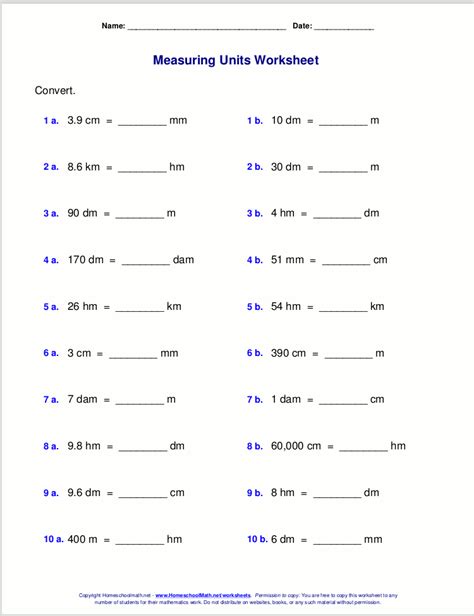 4.5 dam x 10 = 45 m result: Metric measuring units worksheets