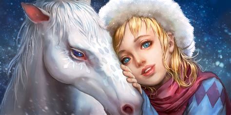 Horse Fantasy Girl Blonde Blue Eyes Realistic Art