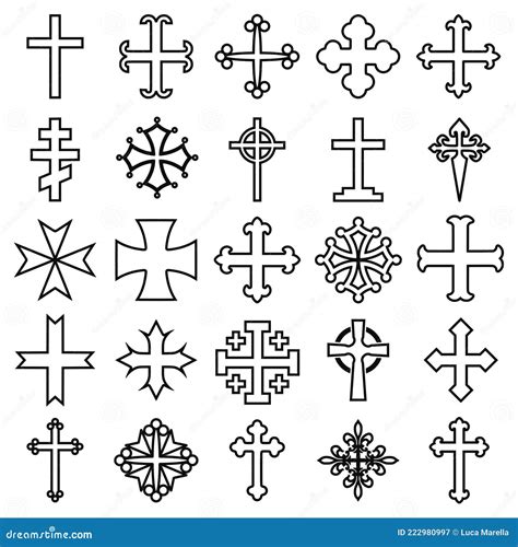 Crosses Line Icons Set Stock Vector Illustration Of Christianity