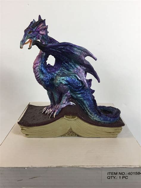 Iridescent Blue And Purple Resin Dragon On Book Statue 7 Inches Tall