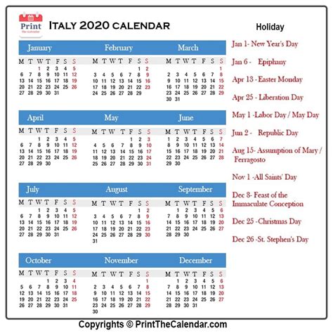 Italy Calendar 2020 With Italy Public Holidays