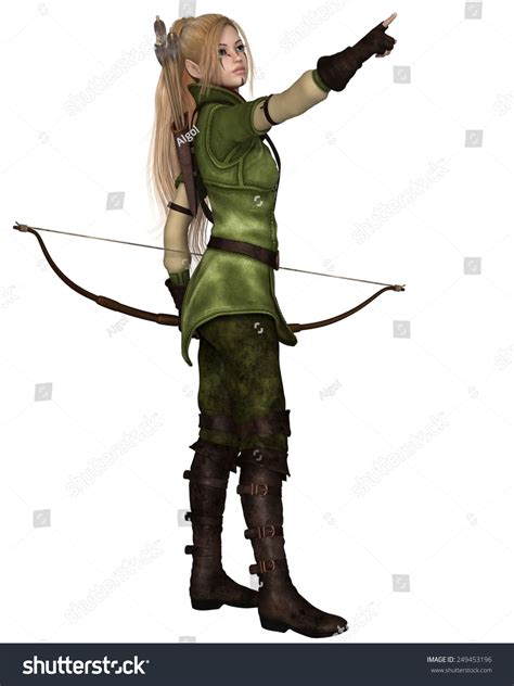 Fantasy Illustration Of A Blonde Female Elf Archer With Bow And Arrows Dressed In Green And