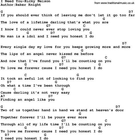 Country Music I Need You Ricky Nelson Lyrics And Chords