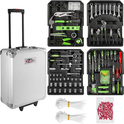 TecTake 699 Pcs Aluminium Metal Tool Box kit Set Storage Trolley | Smooth Wheels | Filled with ...