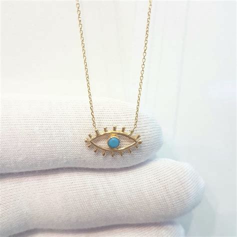 14k Real Solid Gold Turquoise Evil Eye Pendant Necklace For Women