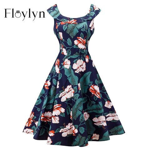floylyn women vintage dress o neck leaf print swing causal party dress 50s rockabilly dresses