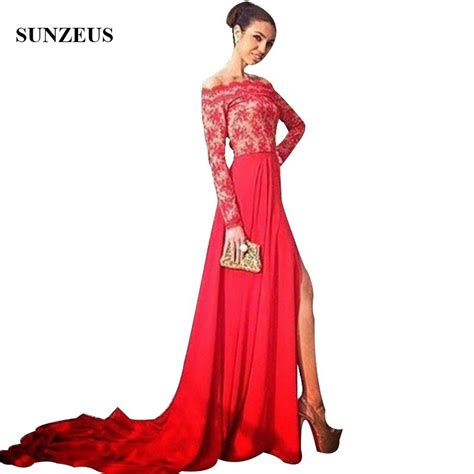 Long Sleeves Lace Prom Dresses Sweep Train Red Chiffon Party Gowns With
