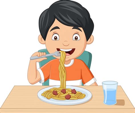 niño pequeño de dibujos animados comiendo espagueti vector premium