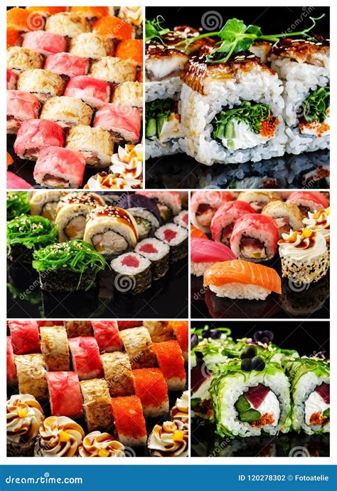 Japanese Food Collage Of Different Sets Of Sushi Stock Photo Image