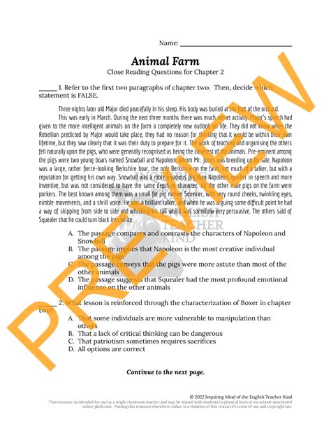 Animal Farm Chapter 2 Close Reading Worksheet Teaching Resources