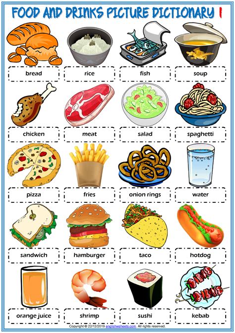Food And Drinks Vocabulary Esl Picture Dictionary Worksheets For Kids