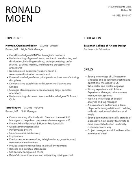 Shift Manager Resume Samples | Velvet Jobs