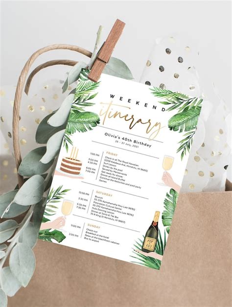 Birthday Itinerary Template Surprise Weekend Palm Leaf Etsy