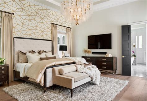 Luxe Master Bedroom With Gold And White Wallpaper Feature